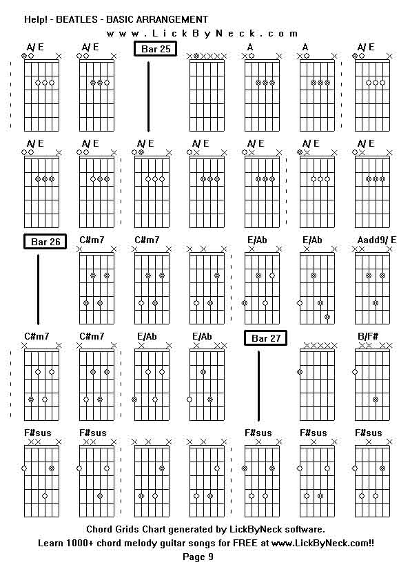 Chord Grids Chart of chord melody fingerstyle guitar song-Help! - BEATLES - BASIC ARRANGEMENT,generated by LickByNeck software.